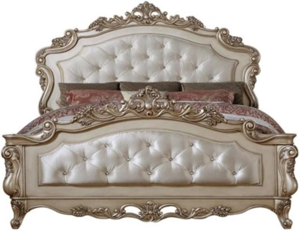 Acme Gorsedd Tufted Eastern King Panel Bed in Cream Fabric and Golden Ivory