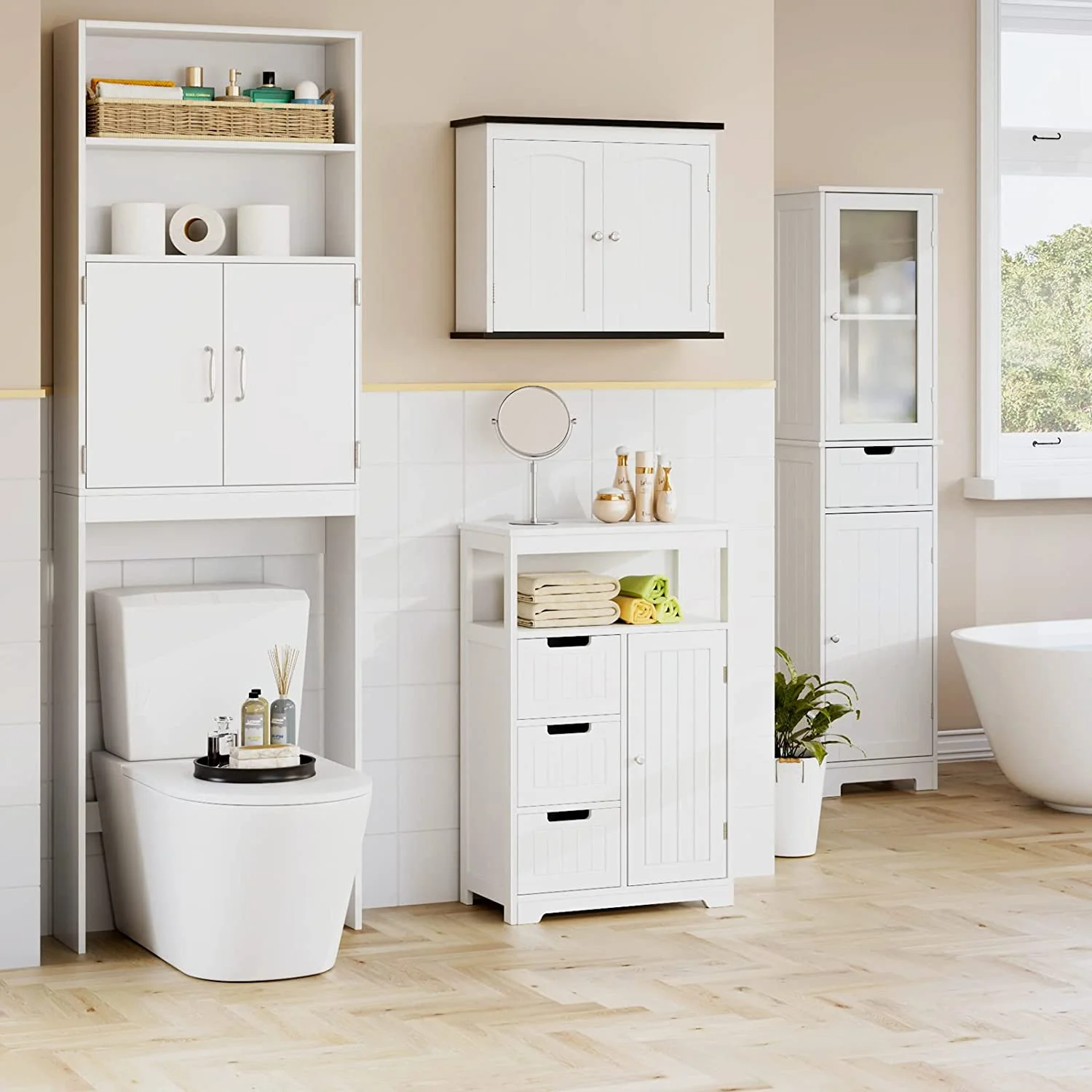 Bathroom Floor Cabinet, Free Standing Storage Cabinet with 3 Drawers and 1 Door & Adjustable Shelf, Modern Entryway Cupboard for Home Office, White