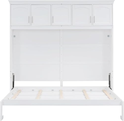 MERITLINE Queen Horizontal Murphy Bed Cabinet with Storage Bookcase Shelves and Charging Station,Wood Folding Grey Murphy Wall Bed for Adult