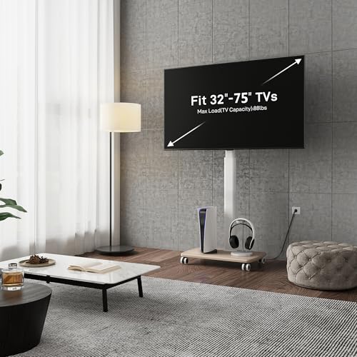 FITUEYES Rolling TV Stand with Power Outlets, Swivel Portable TV Stand for 32-75Inch LCD LED OLED Flat/Curved Panel Screen TVs, Height Adjustable&Wood Base, Mobile TV Cart Holds up to 99Lbs.