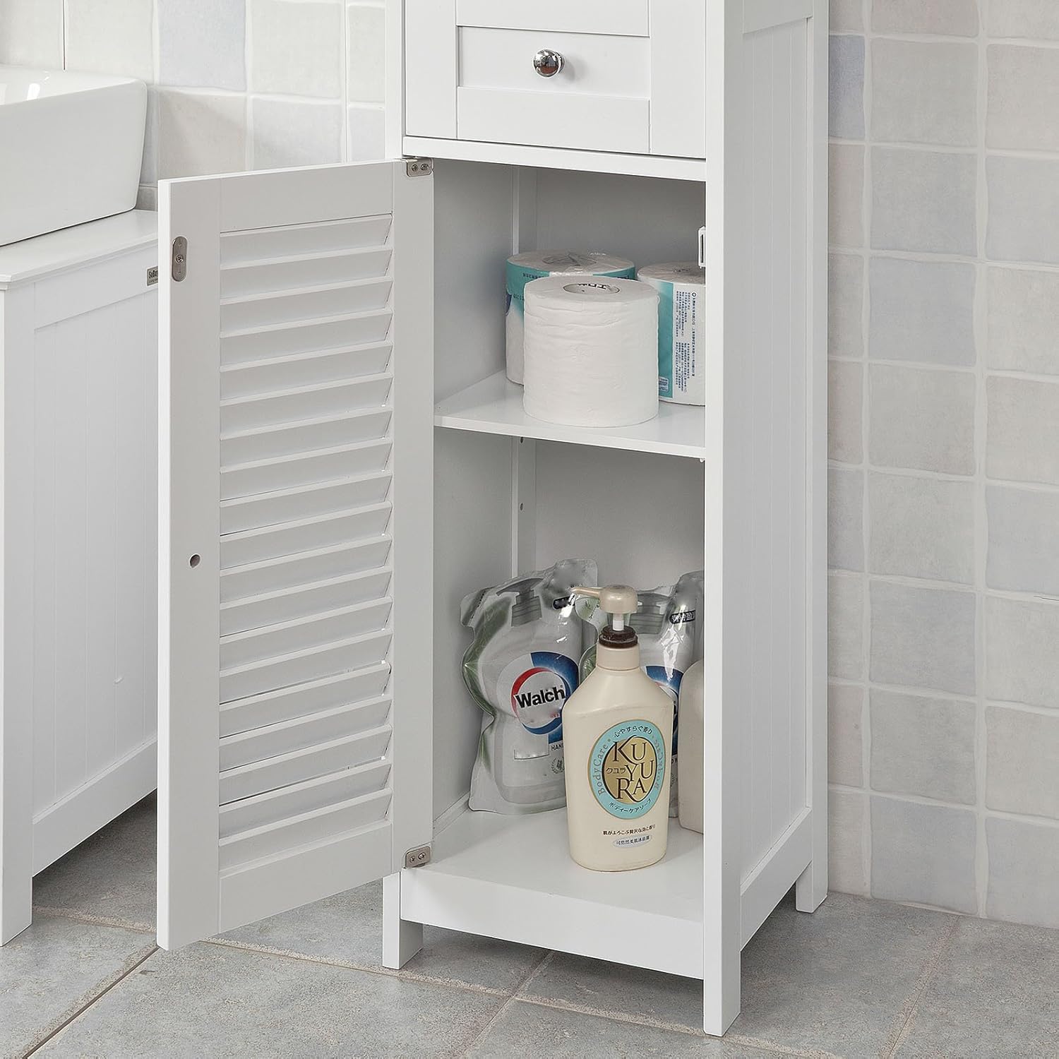 Haotian White Floor Standing Tall Bathroom Storage Cabinet with Shelves and Drawers,Linen Tower Bath Cabinet, Cabinet with Shelf,FRG236-W