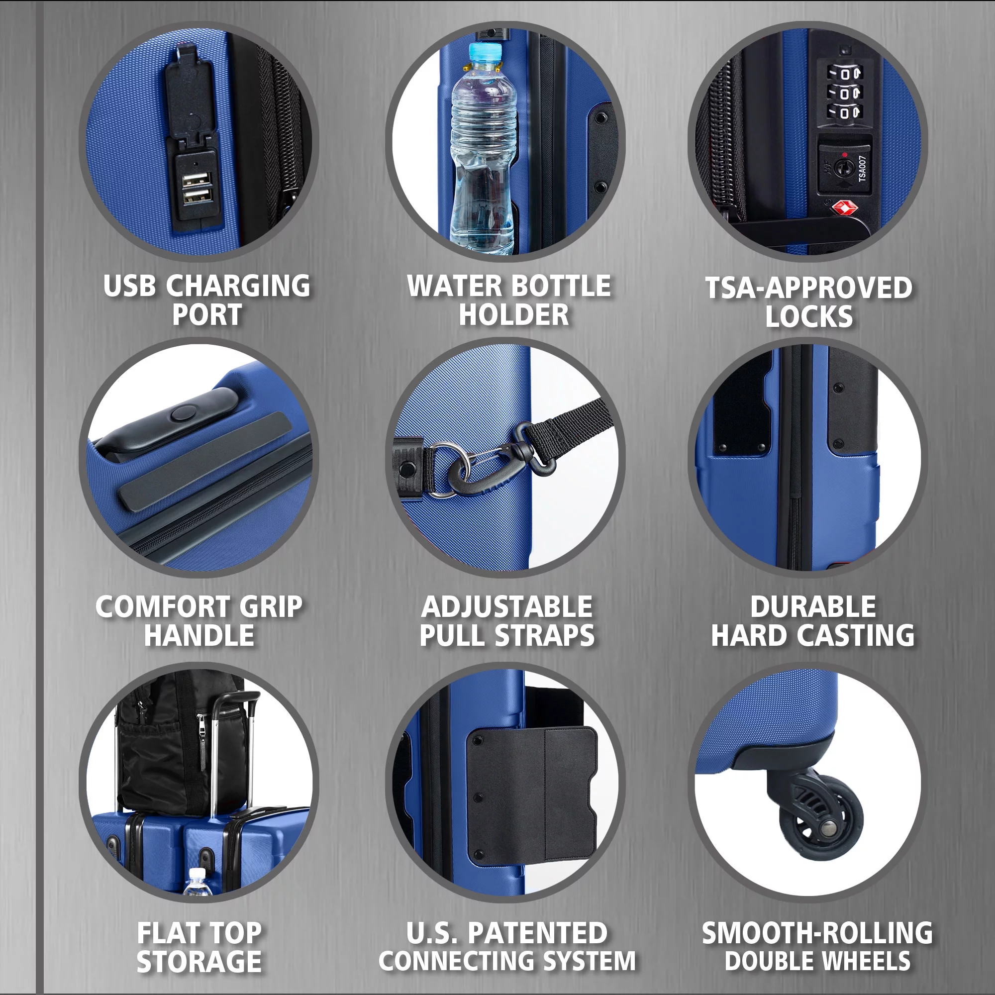 TACH V3 Connectable Hardside CarryOn Spinner Travel Suitcase, Midnight Blue