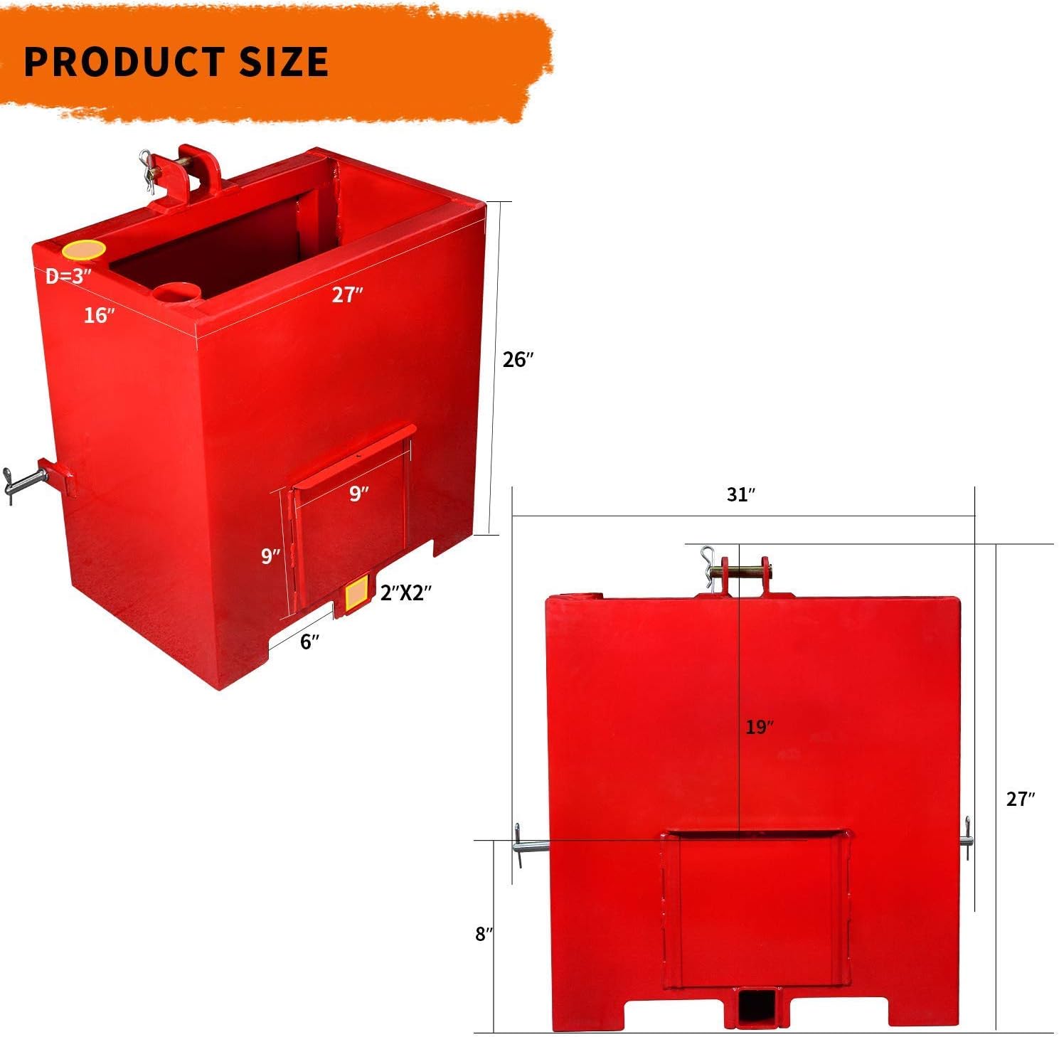 YINTATECH Ballast Box 3 Point Category 1 Tractor and Loader Hitches Attachment