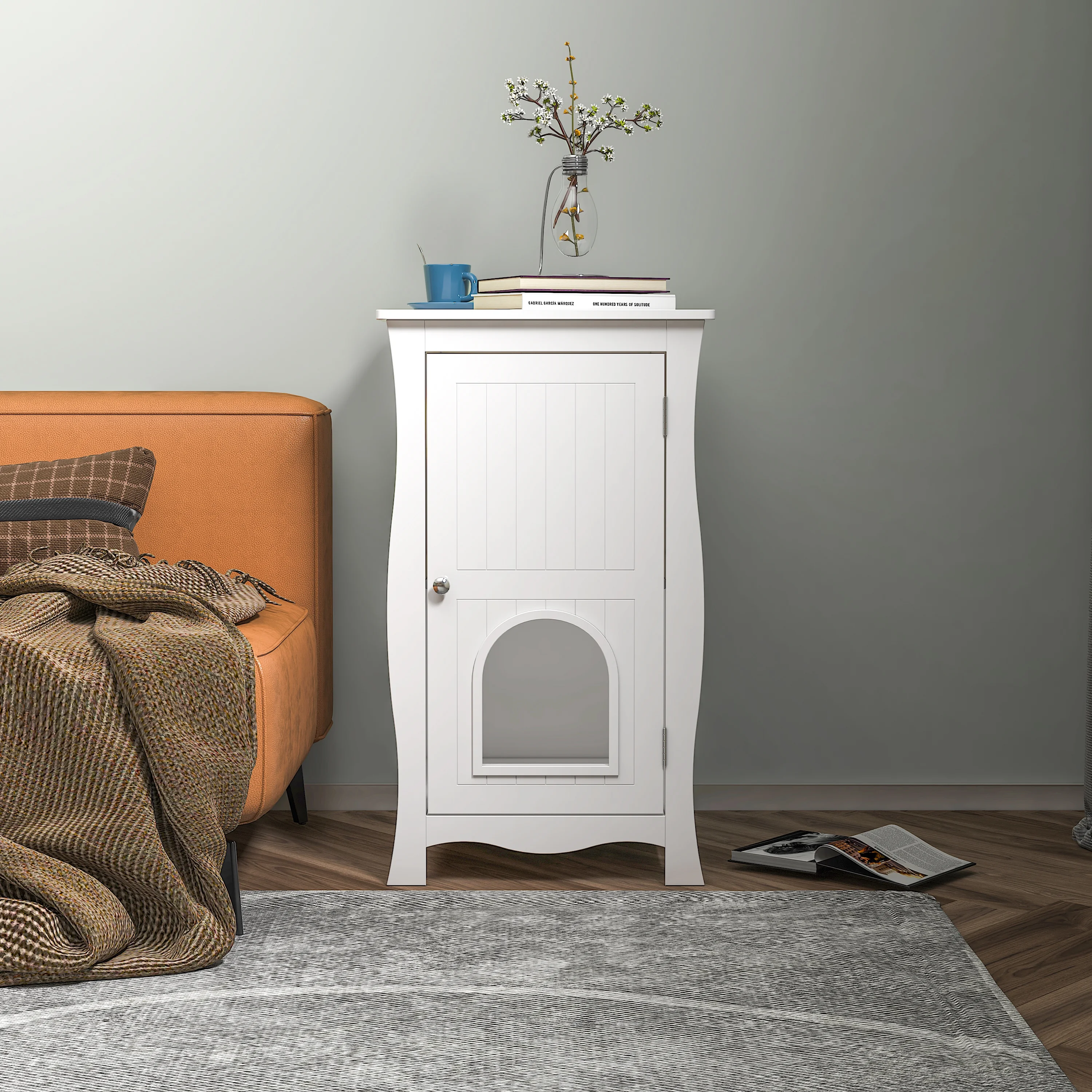 Jolly Jaunts Cat Litter Box Enclosure, 180 degree opening and closing 2 layers Wooden Hidden Litter Box Furniture with Vent Holes Cat House Side Table for Bedroom, Living Room, Small Pet, Kitten Kitty