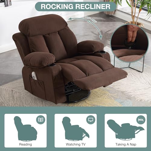 Massage Recliner Chair, Swivel and Rocking Recliner with Heat and Vibration, Breathable Fabric Ergonomic Single Sofa Chair for Living Room with Cup Holders, Side Pockets and USB