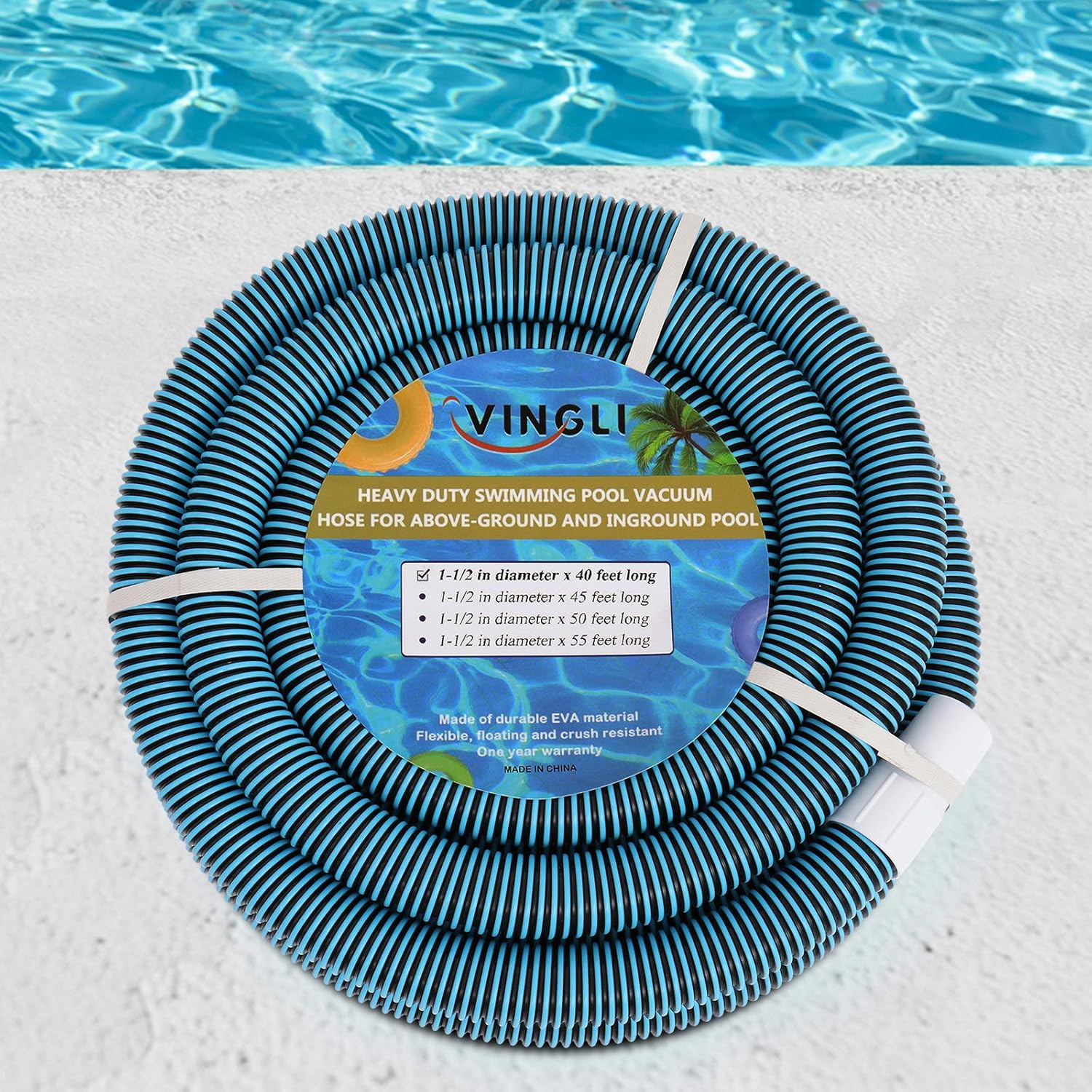 VINGLI 1-1/2-Inch x 40-Feet Swimming Pool Vacuum Hose for In-Ground Pool Foot Professional Heavy Duty Pool Hose, Blue Pack of 2