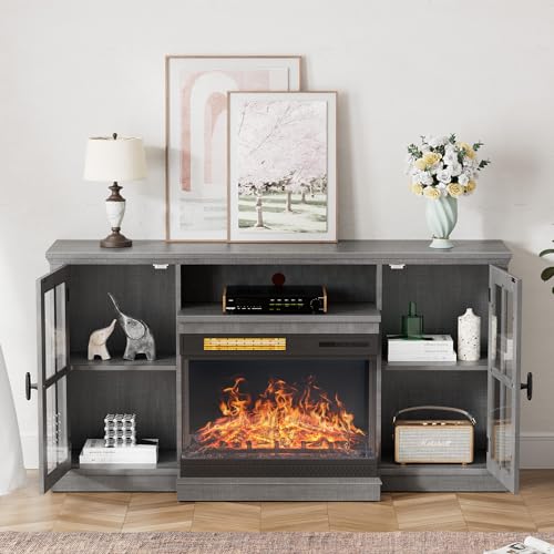 YESHOMY Glass Fireplace TV Stand for Televisions up to 65", Media Entertainment Center Console Table with Doors Closed Storage, Gray