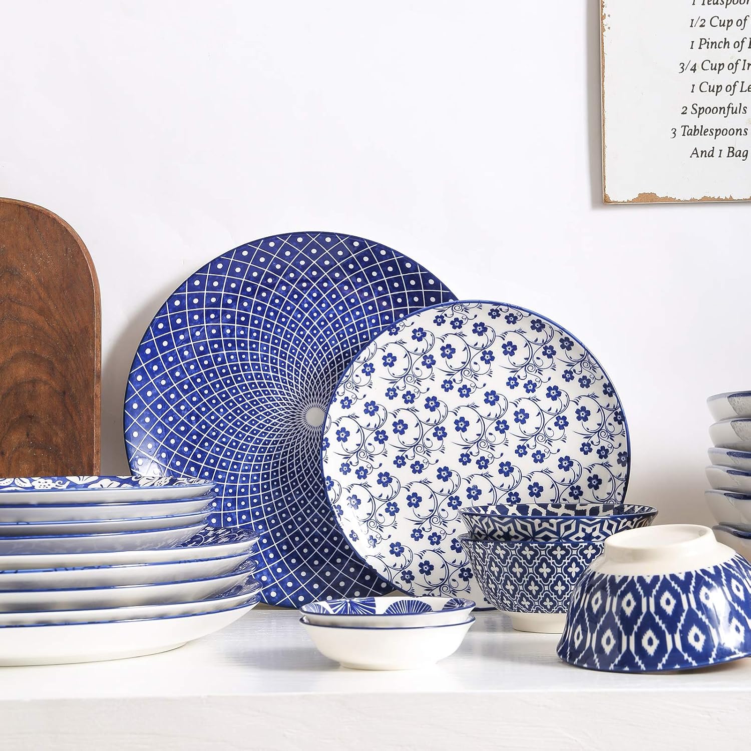 Selamica 10 inch Porcelain Dinner Plates + 16-Pieces Dinnerware Set, (Vintage Blue) B