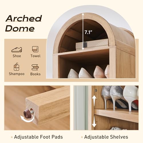 71" Tall Arched Bookshelf, 7 Tiers Arch Bookcase with Storage, Modern Farmhouse Book Shelf with Adjustable Shelves, Wood Bookshelf w/Open Display Shelves for Living Room, Office (Natural)
