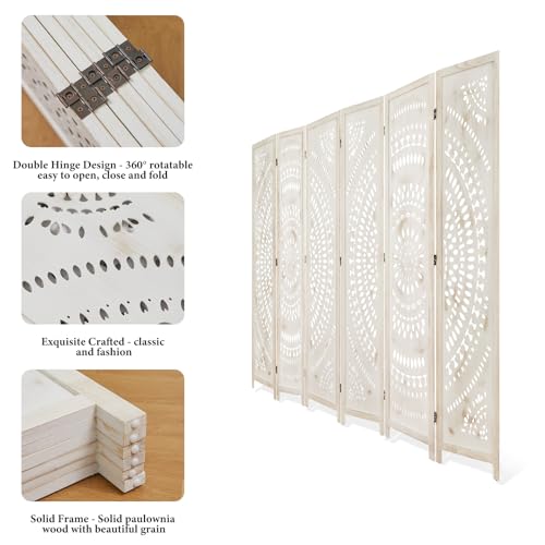 Room Divider Wood Carved Wall Divider Indoor Folding Bohemian Style Portable Partition Screen for Home Office Garden Terrace - 6 Panels (Antique, White-Washed)