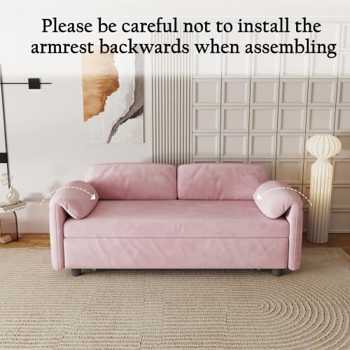 Convertible Pull Out Sofa Couch Bed with Mattress, 54'' Velvet 2-Seater Loveseat Sleeper, Futon Couches Pull Out Bed, Pop Up Daybed Sofa Bed with Storage Pockets for Living Room Small Space (Pink)