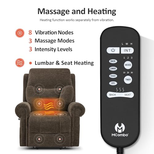 MCombo Triple Motor Power Lift Recliner Chair with Massage and Lumbar&seat Heating, Rolled Arms, Adjustable Headrest for Elderly People, Fabric 7888 (Coffee, Medium)