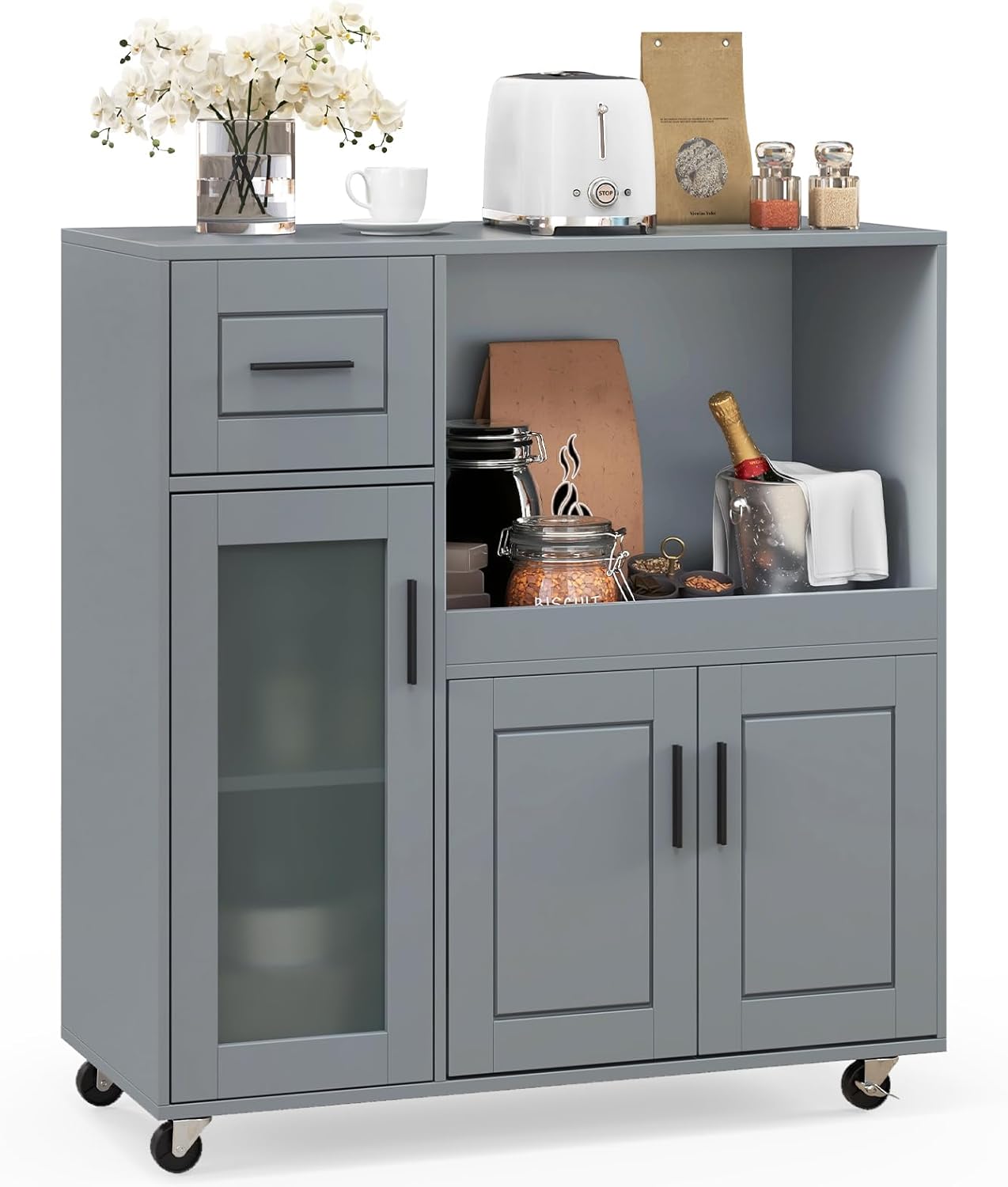 Giantex Kitchen Island with Storage, Mobile Kitchen Cart with Wheels, Tempered Glass Door, Drawer, 3-Level Adjustable Shelf, Microwave Storage Cabinet, Coffee Cart Station for Dining Room, Grey