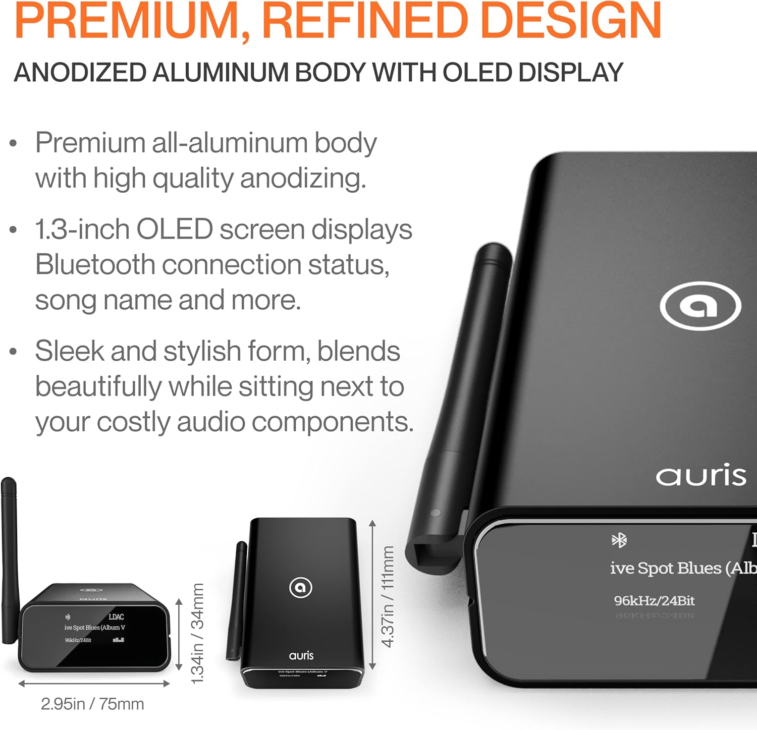 Auris Blume Pro HiFi Bluetooth 5.0 Music Receiver Long Range Bluetooth Adapter with Audiophile DAC, LDAC, aptX HD, OLED Display & Optical Coaxial AUX Output for Home Stereo, AV Receiver or Amplifier