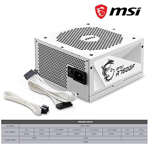 MSI MAG 850GL PCIE 5 White Gaming Power Supply - Full Modular - 80 Plus Gold Certified 850W - Compact Size - ATX PSU