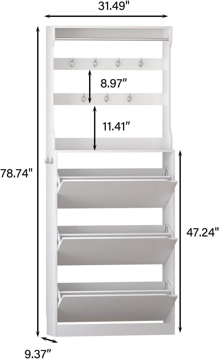 Shoe Cabinet Storage for Entryway, Shoe Storage Cabinet with 3 Flip Drawer, White Slim Freestanding Narrow Hidden Shoe Organizer Cabinet, Tall Wood Modern Shoe Cabinet with Coat Rack for Hallway White