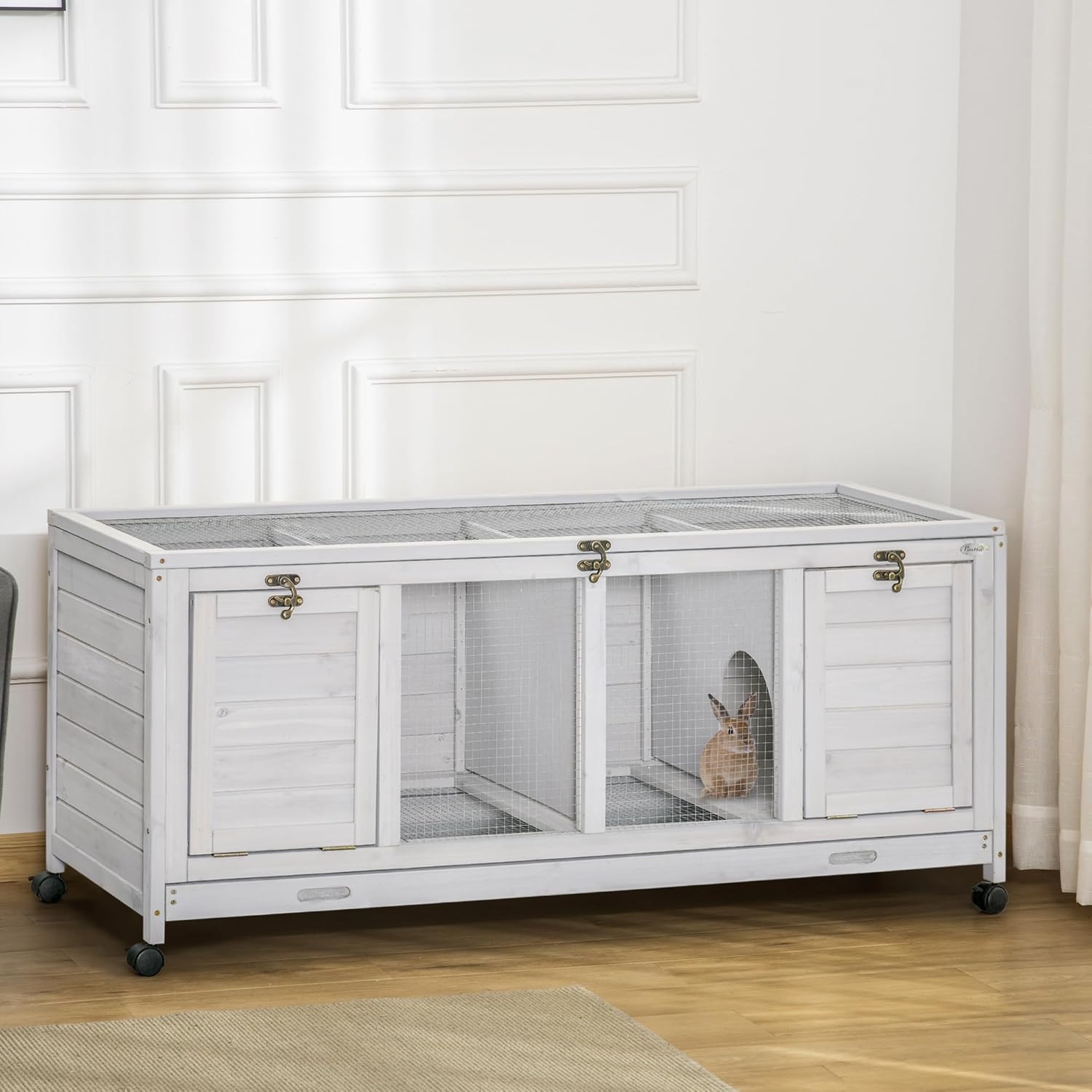 Wooden Rabbit Hutch, Bunny Cage with Wheels, Dividers, Openable Roof, Removable Trays, Small Animal Cages for 1-2 Rabbits, Indoor Outdoor Use, Light Gray