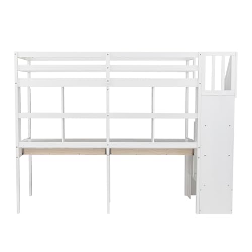 Harper & Bright Designs Twin Size Loft Bed with Stairs and Desks, Wood Loft Bed Frame with Storage Drawers, White