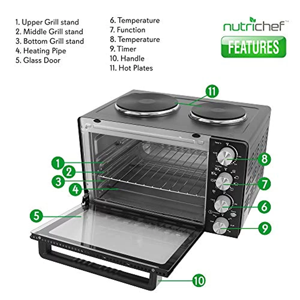 NutriChef 30 Quarts Kitchen Convection Oven - 1400 Watt Countertop Turbo, Rotisserie Roaster Cooker with Grill, Griddle Top Rack, Dual Hot Plates, Toaster, Baking Tray, Skewers and Handles - PKRTO