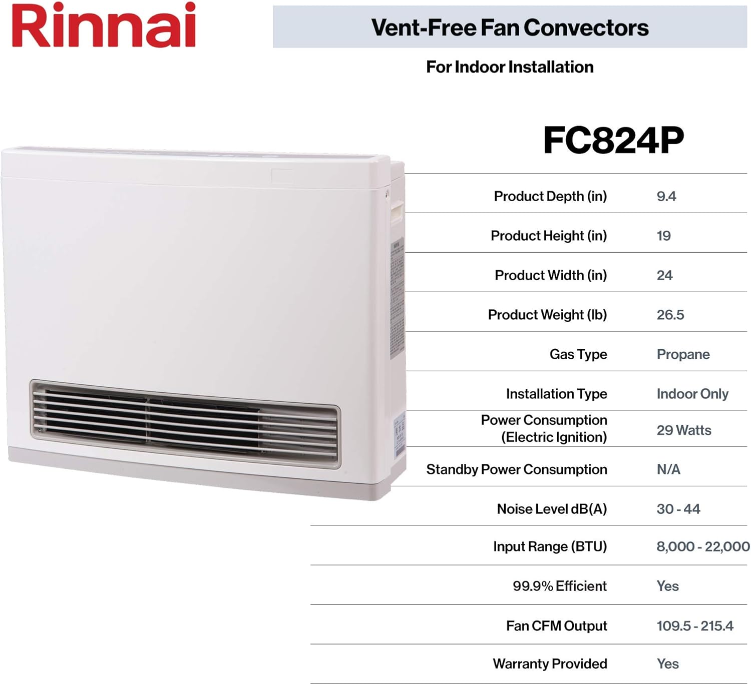 Rinnai FC824P Ventless Propane Heater, Energy-Efficient Space Heater with Programmable Thermostat