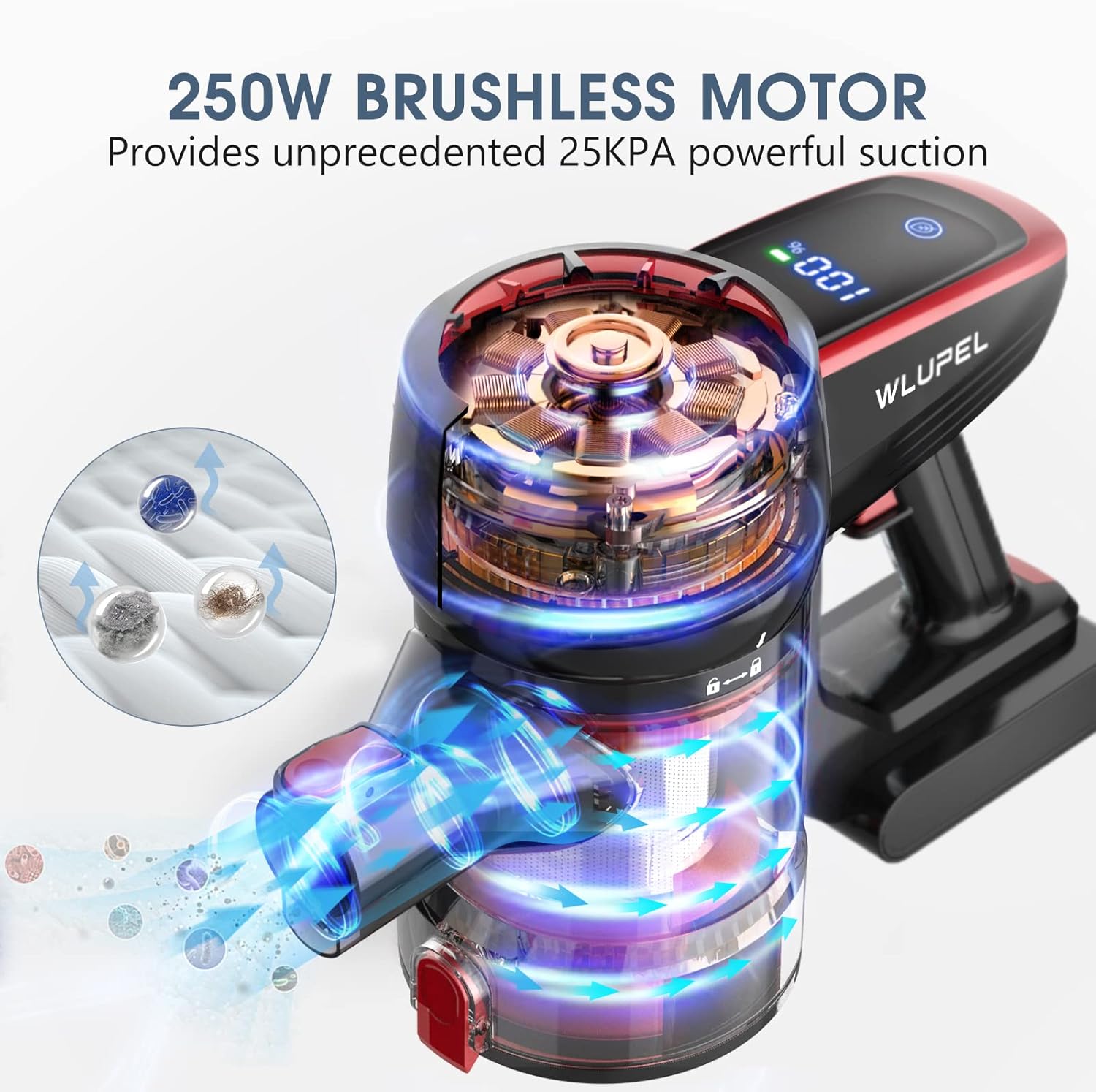Cordless Vacuum Cleaner, 250W Stick Vacuum Cleaner with 25KPA Powerful Suction, Lightweight Handheld Vacuum LED Display for Carpet and Floor, Pet Hair