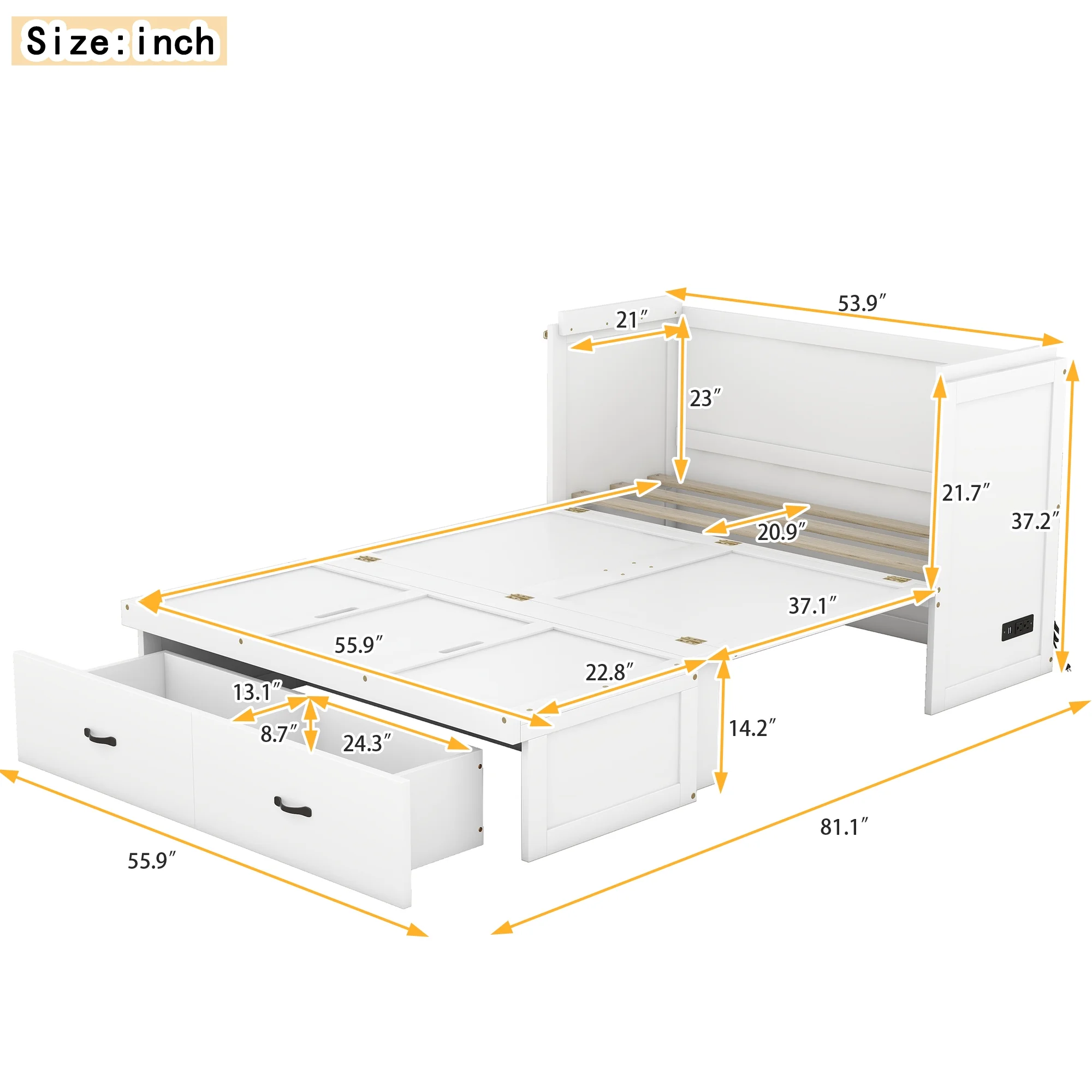 Bellemave Full Size Murphy Bed, Solid Wood Full Murphy Cabinet Bed with USB Port, Easy Fold Modern Murphy Beds with 2 Storage Drawers for Guest Room Home Office (Full,White)