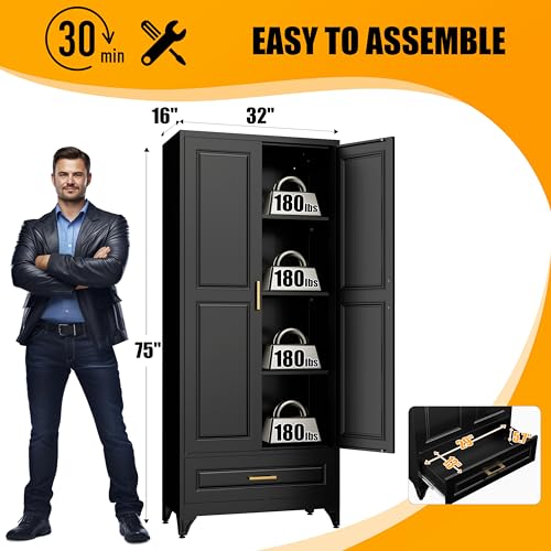 71" Tall Metal Storage Cabinet, Kitchen Pantry Storage Cabinets with Doors and 4 Shelves, White Pantry Cabinet, Utility Kitchen Cupboard, Large Steel Cabinets for Dining Room, Office, Living Room
