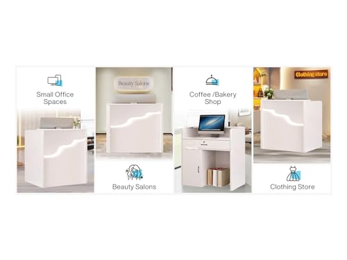 Small Reception Desk,Reception Desk with Counterand LED Lights,Checkout Counter with Drawers, Standing Front Receptionist Desk, Reception Counter for Supermarket Convenience Store Hotel (White, 60cm)