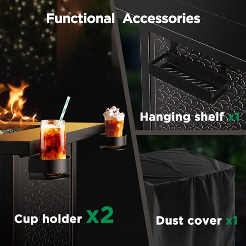 Ciays 28″ Fire Pit Table, Propane Fire Pit with Cup Holders & Hanging Shelf, 50,000 BTU Gas Fire Pit with Glass Stones & Nylon Dust Cover, Quick Ignition System, Patio/Porch/Deck Fire Pit, CIFPT10B