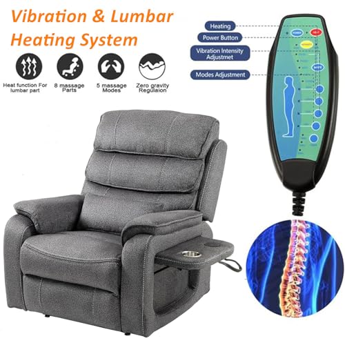 Light Grey Recliner Chair for Elderly | Tall and Big Man 400lbs | Chenille | Power Lift, Lay Flat, Stand Up, Wireless Charging Device, Extended Footrest, Massage Heat, Cup Holder, Lumbar Pillow
