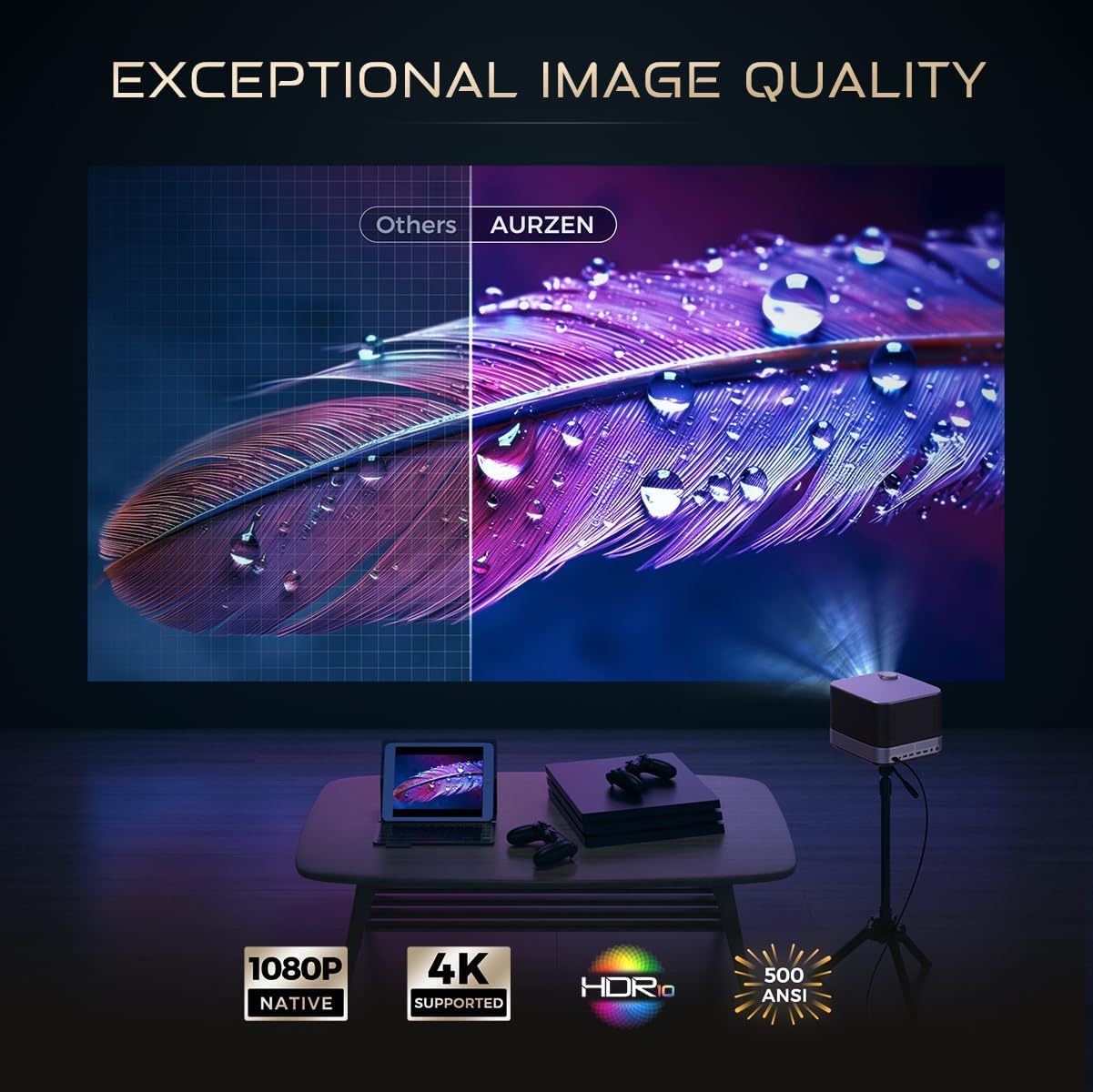 All-ln-One Projector 4K Supported, AURZEN BOOM 3 Smart Projector with WiFi and Bluetooth, 3D Stereo Sound & 36W Speakers, AI Auto Focus & Keystone, Netflix Official 500 ANSI Home Outdoor proyector