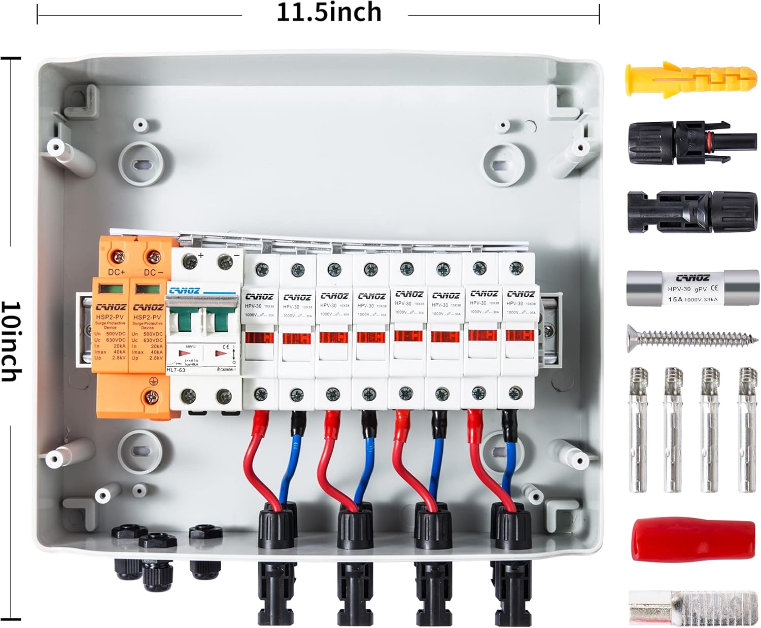 CANOZ-PV4/1 PV Combiner Box, 4 String, with 15A Rated Current Fuse, 63A Circuit Breaker, 2.8KV Surge/Lightning Protector Arrester and MC4 Solar Connectors for On/Off Grid Solar Panel System.