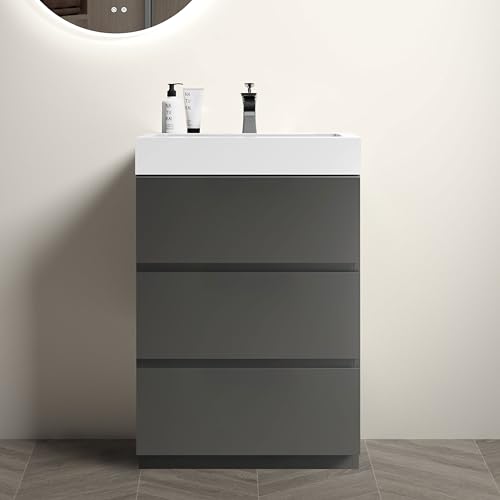 Dolonm 30 inch Bathroom Vanity with Sink, Freestanding Bathroom Cabinet with 3 Soft-Closing Drawers, Bathroom Vanity Cabinet with Large Storage, Ideal for Small Bathroom, Faucet Not Included, Walnut