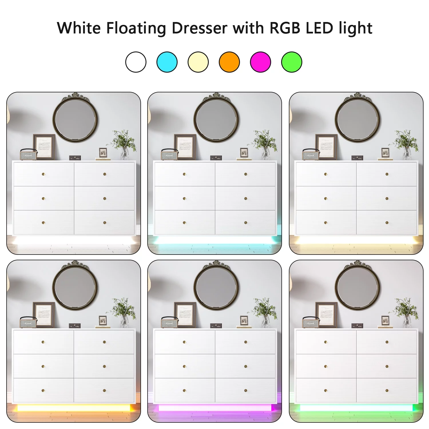 4 EVER WINNER Dresser with LED Light for Bedroom, White 6 Drawers Dresser, Modern Storage Cabinet Chest of Drawer for Bedroom, White