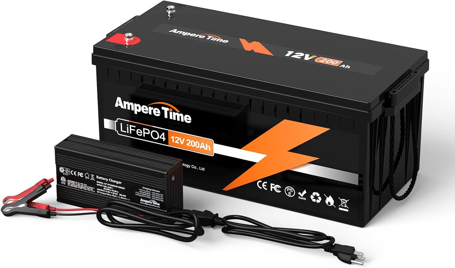Ampere Time 12V 200Ah LiFePO4 Battery with 14.6V 20A Dedicated Lithium Battery Charger; Built-in 200A BMS, 4000+ Cycles, Perfect for RV, Solar, Marine, Overland, Off-Grid Application��