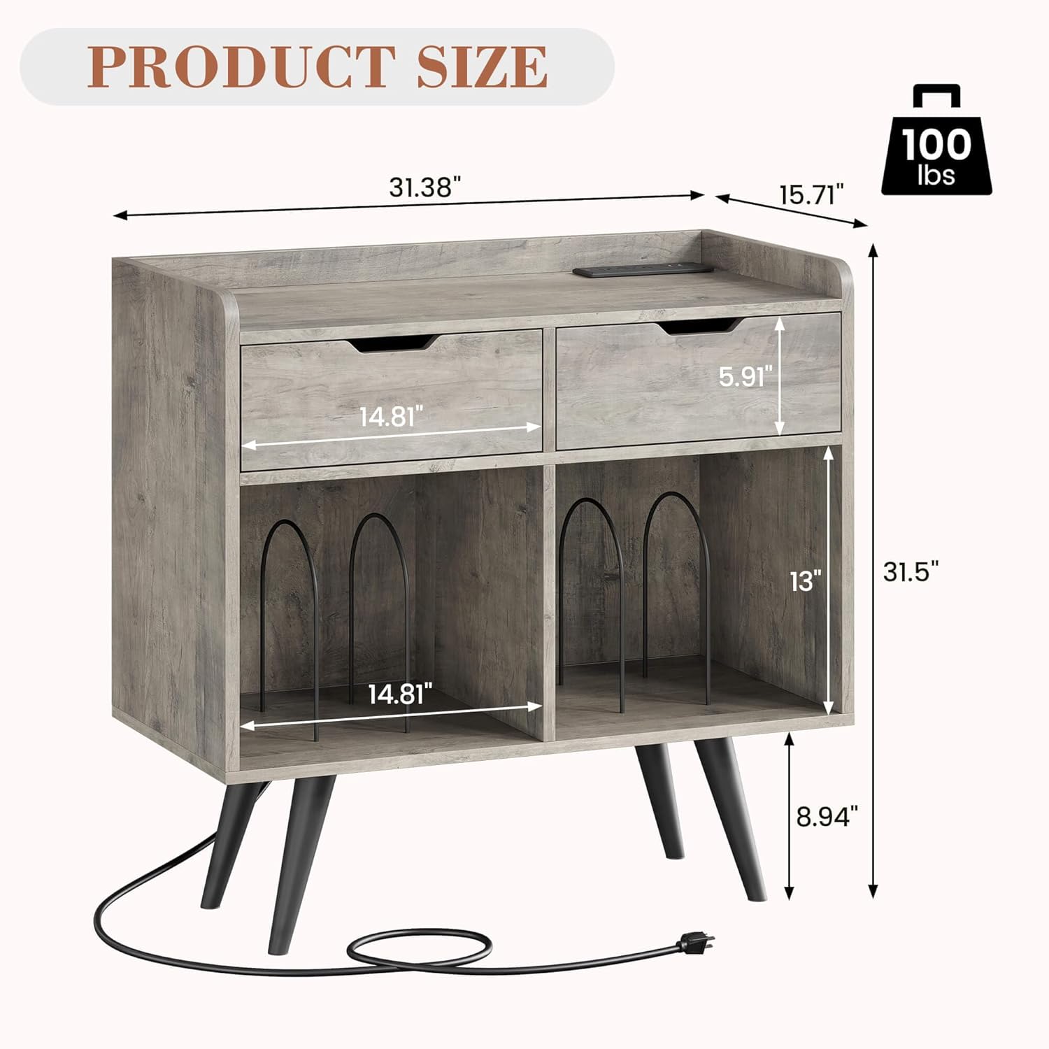 Record Player Stand with Storage, Farmhouse Record Table Cabinet with Power Outlet & Drawers, Large Wooden Turntable Stand for Album in Living Room Bedroom, Gray