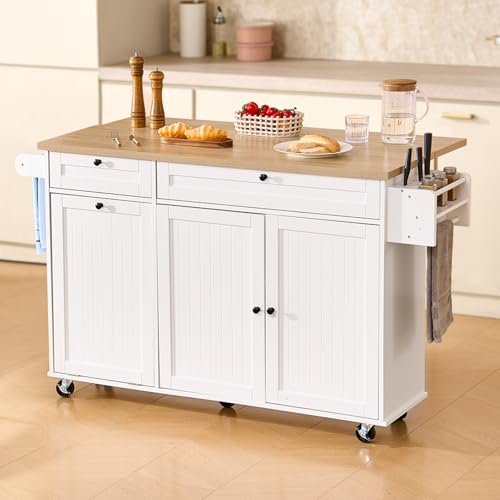 VEVOR Kitchen Island Cart with Solid Wood Top, 35.4" Width Mobile Carts with Storage Cabinet, Rolling Kitchen Table with Spice Rack, Towel Rack, and Drawer, Portable Islands on Wheels, White