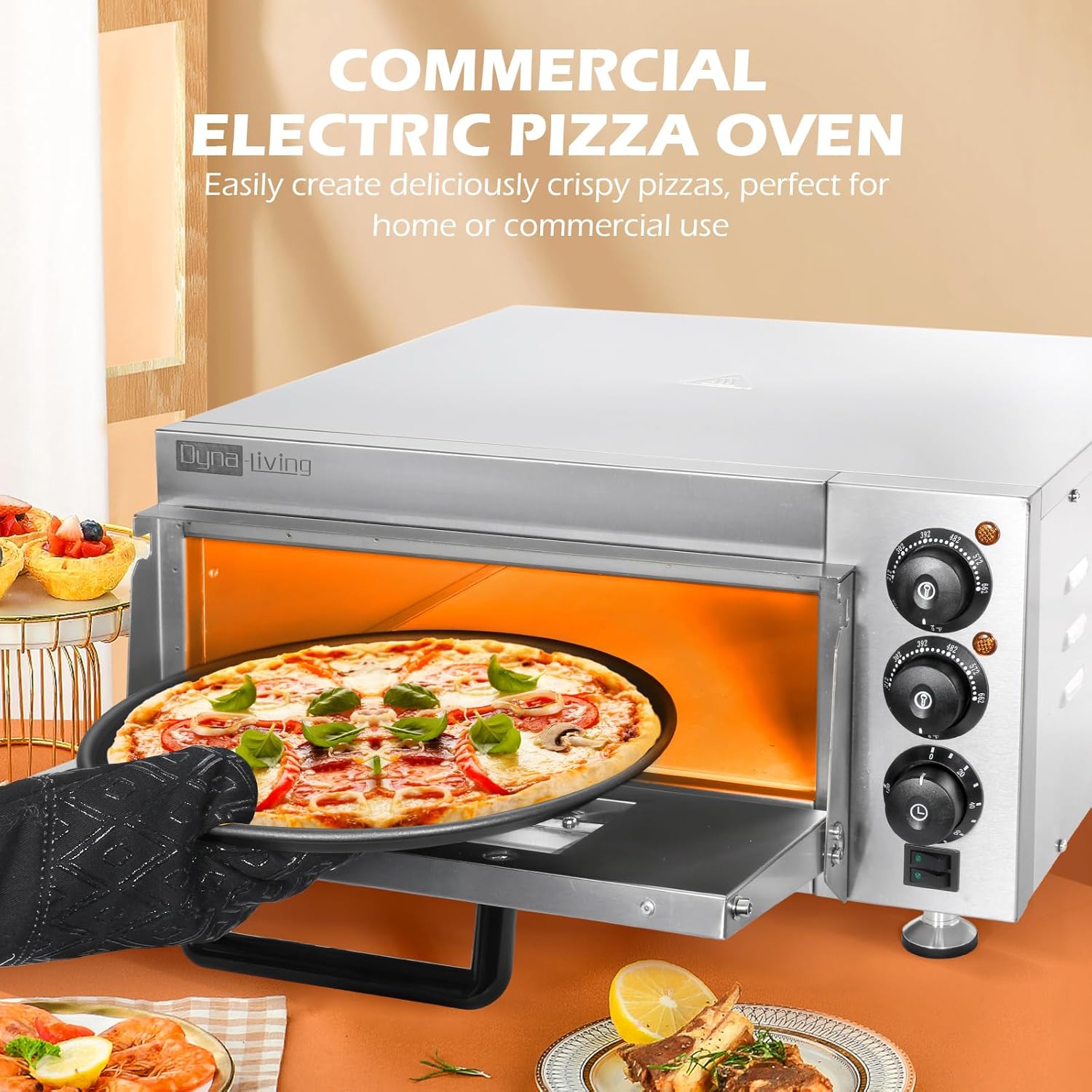 Dyna-Living Electric Pizza Oven Countertop Commercial Pizza Oven Indoor Pizza Oven 1900W Stainless Steel Commercial Pizza Maker with 12 Inch Pizza Pan and Pizza Stone for Restaurant Home Food Truck