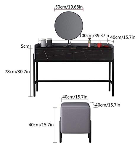 Luxury Dressing Vanity Table w/Stool for Bedroom, Dressing Table with 2 Large Drawers, Bedroom Makeup Vanity Desk with Round Mirror and Cushioned Stool(White)