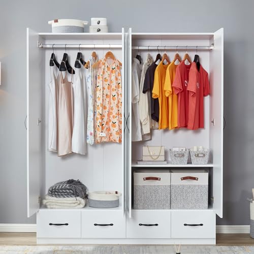 Wardrobe Closet, 2 Door Wardrobe Cabinet with Storage Cabinet, Armoire Wardrobe Closet with Storage Drawers, Bedroom Armoires with Hanging Rod, White Wooden Closet (71" H x 32" W x 20" D)