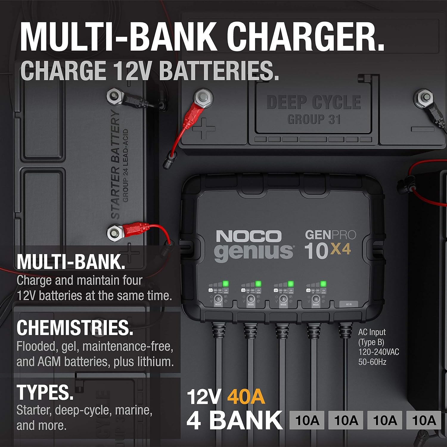 NOCO Genius GENPRO10X4, 4-Bank, 40-Amp (10-Amp Per Bank) Fully-Automatic Smart Marine Charger, 12V Onboard Battery Charger, Battery Maintainer and Battery Desulfator with Temperature Compensation