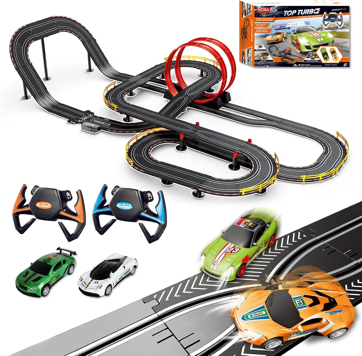 Slot Car Race Track Set Electric Powered Super Loop Speedway with Four Cars for Kids with Sounds and Light Dual Racing Adult-Slot Car Set