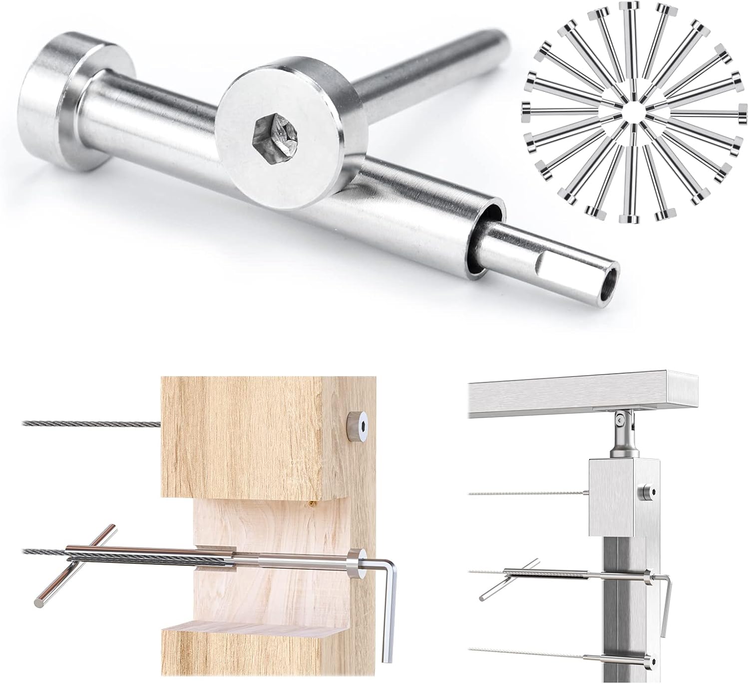 Muzata 10Pair Invisible Cable Railing kit 1/8" Swage Tensioner and Terminal Hidden T316 Stainless Steel for 2"x2" and 4"x4" Wood Metal Post Deck Stairs WoodHidden System CR26, CV1 CV2 Pack of 2