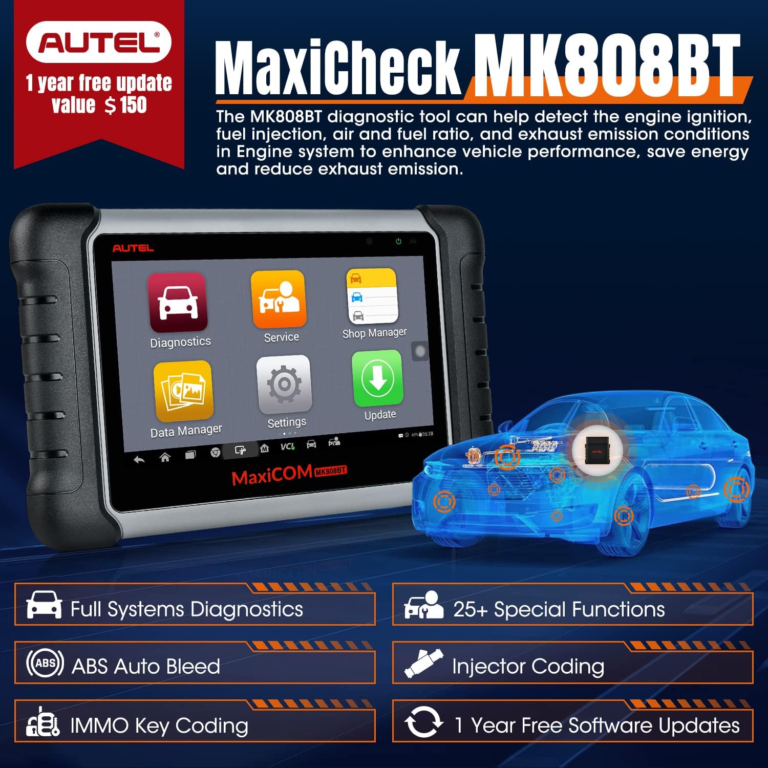 Autel MaxiCOM MK808BT Diagnostic Scan Tool - 2022 Upgraded Ver. of MK808/MX808, All System Automotive Scanner with 25+ Service Functions, Injector Coding, ABS Auto Bleed, Oil Reset, EPB, BMS, SAS, DPF