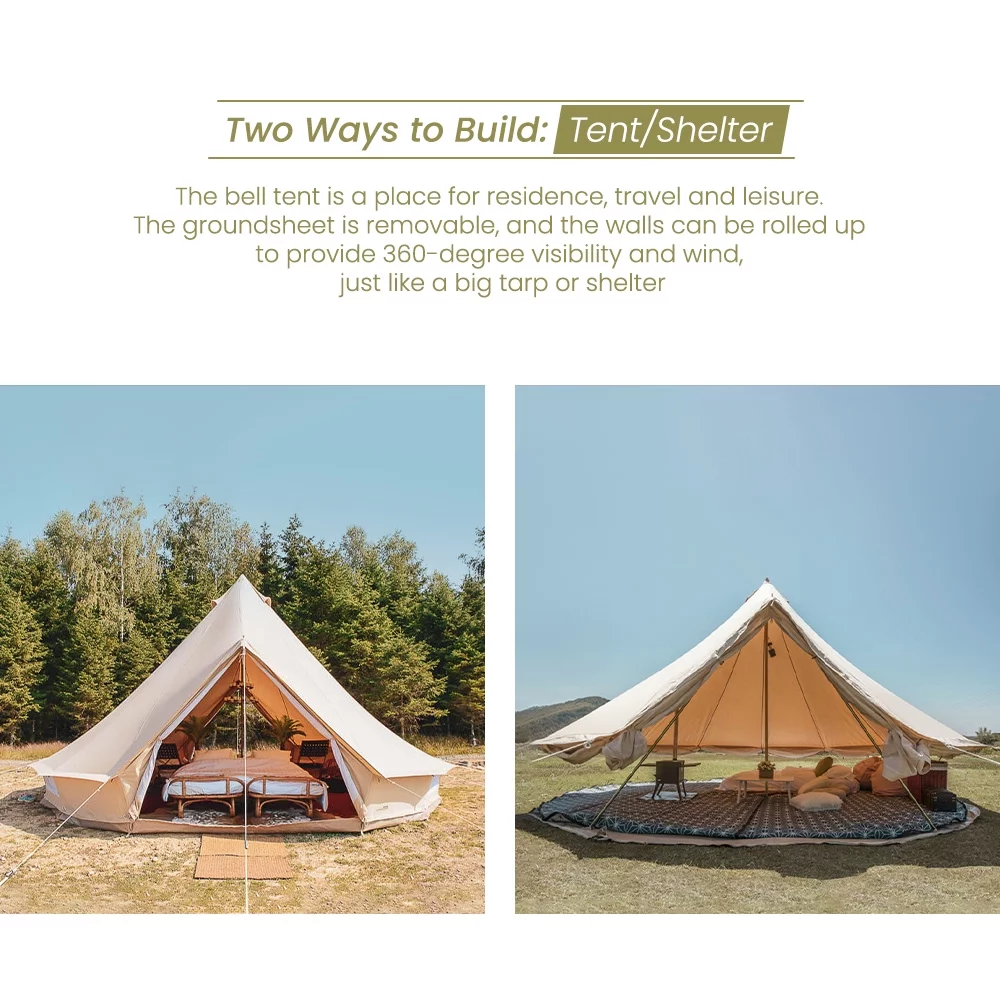 TOMOUNT Canvas Tent Bell Tent Yurt with Stove Jack Zipped Floor for Glamping 10ft/3m Dia 38LBS