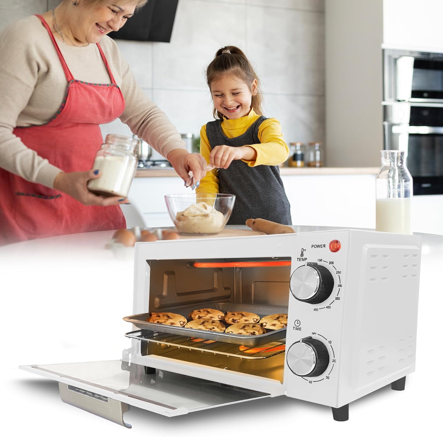 750W Toaster Oven 4 Slice With Baking Tray, Bake Toast Cook And Broil, Temperature Control, 60 Minute Timer Knob, Automatic Shutoff, Baking Tray And Crumb Tray Included