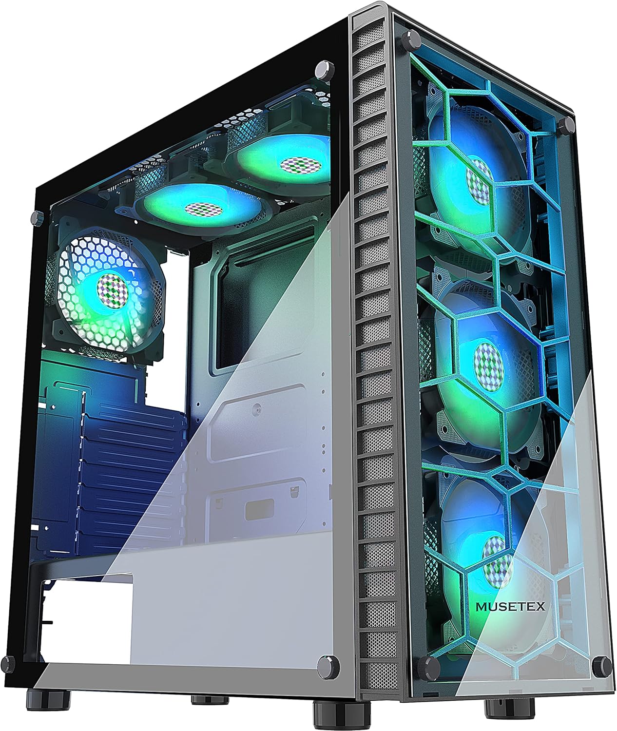 MUSETEX 6pcs ARGB Fans Pre-Installed, USB 3.0 Tempered Glass ATX Mid-Tower Chassis Gaming PC Case Cable Management/Airflow Gaming Style ATX/Micro ATX/ITX Computer Case 2021 Released (Black,G06N6)