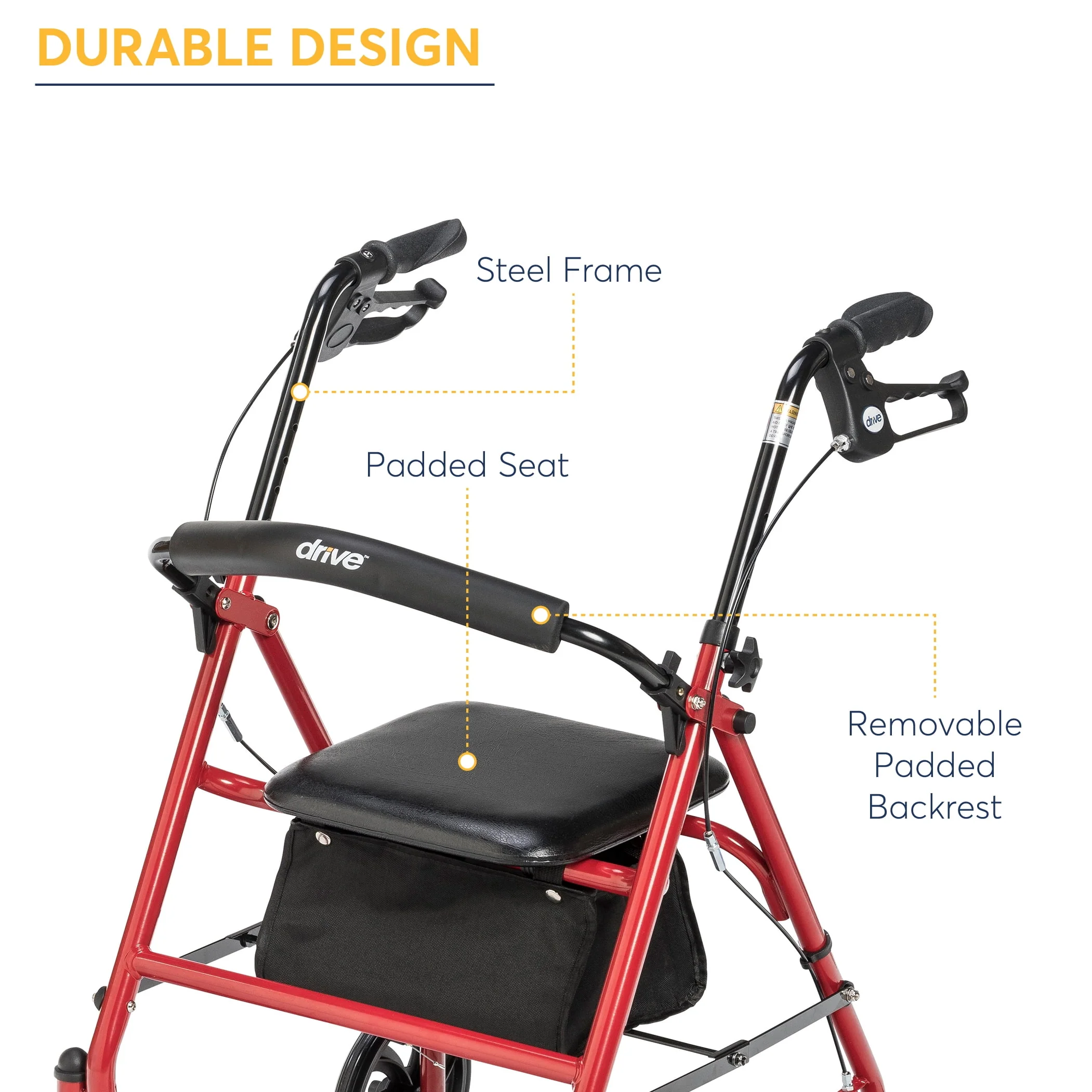 Drive Medical 10257RD-1 Durable 4-Wheel Rollator with 7.5 Casters, Red