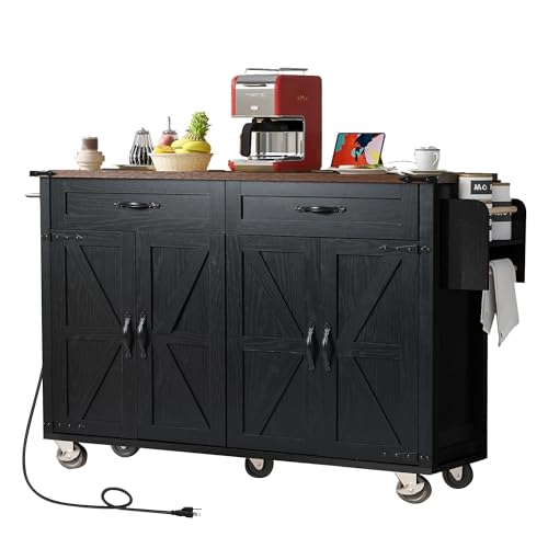 Kitchen Island with Storage, Rolling Kitchen Island Cart On Wheels with Power Outlet & Drop Leaf Countertop, Mobile Island Table for Kitchen with 2 Drawers 2 Cabinet, Spice Rack, Towel Rack, Black