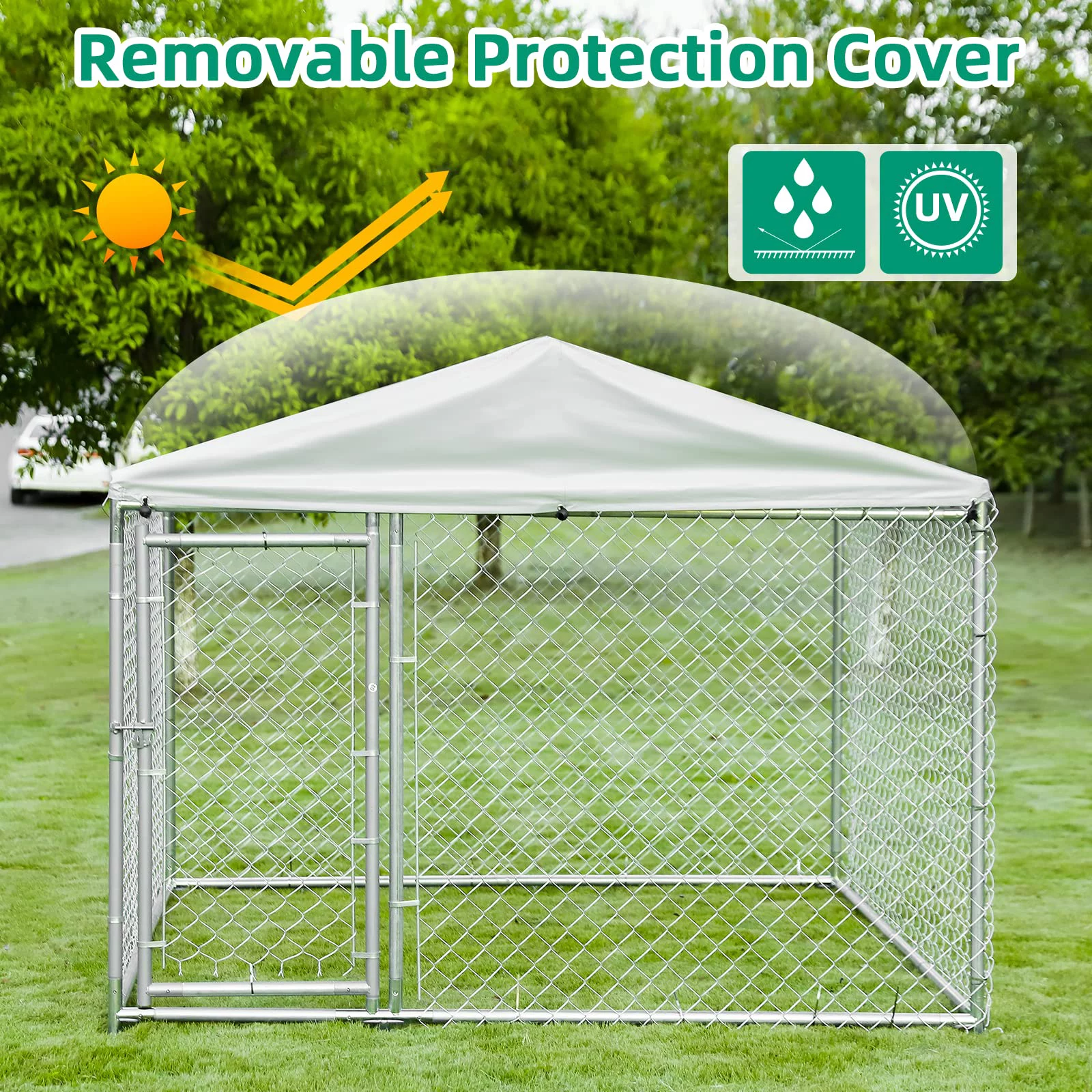 VIVIJASON Outside Dog Run House Pet Enclosure, Large Outdoor Dog Kennel with Galvanized Chain Link, Heavy Duty Pet Fence Cage with Fully Enclosed UV-Resistant Oxford Cloth Roof & Secure Lock